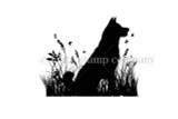 Silhouette stamp of a seated shepherd-husky dog in tall grass – Shepsky Silhouette.