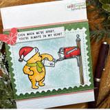 Card with Pooh at the mailbox on a green frame, 'Even when we're apart, you're always in my heart.'