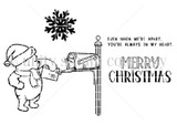 Red rubber stamp sheet showing the classic honey loving bear posting a letter at a mailbox beside a large snowflake, with 'EVEN WHEN WE'RE APART, YOU'RE ALWAYS IN MY HEART.' and 'MERRY CHRISTMAS'.