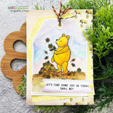 Watercolored gift tag of Pooh among falling leaves, 'Let's find some joy in today, shall we?'