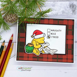 Buffalo-plaid card of Pooh with hunny pot and list beside colored pencils