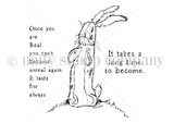 Line-art stamp of a standing velveteen-style rabbit beside a book-text sentiment 'Once you are Real you can't become unreal again. It lasts for always.'