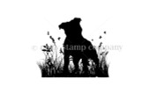 Silhouette stamp of a seated bull-breed dog with puppies in tall grass – All the Bull Silhouette.