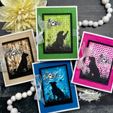 Grid of small cards with the dog silhouette in bright colored frames and 'LOVE.'