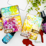 Two rainbow splatter-inked cards featuring the grungy flower motif, with sentiments 'Love is patient, love is kind' and 'Hey beautiful.'