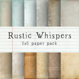 Rustic Whispers 6x6 paper pack. Aged, weathered neutral papers in cream, tan and soft blue with dictionary text and distressed textures.
