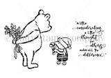 Red rubber stamp of Winnie the Pooh hiding a bouquet of flowers behind his back while Piglet waits beside him, next to the sentiment 'A little consideration, a little thought for others makes all the difference'.
