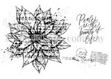 Poinsettia Poetry red rubber stamp sheet: a poinsettia formed of flowing sheet music with a vintage postage stamp and 'Peace is the beauty of life.'