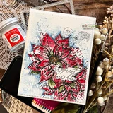 Mixed-media card with a red poinsettia over textured white and 'happiest wishes.'