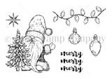 3 Times as Merry red rubber stamp set art — Christmas gnome with tree, star, ornament string, and merry merry merry sentiment