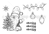 Red rubber stamp sheet with a long bearded gnome carrying a Christmas tree, plus a star, hanging ornaments and a light strand, beside the repeated 'merry merry merry'.