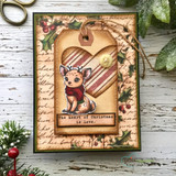 Vintage holiday card using Yuletide Memories paper, a little deer in a heart window and 'the heart of Christmas is love'