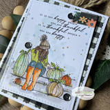 Autumn girl in green with orange boots among pumpkins, same thankful sentiment, on gingham papers.