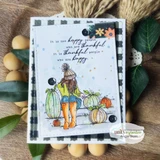 Autumn girl among pumpkins on a blue-dot card, same thankful sentiment.