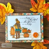 Autumn girl among pumpkins framed in plaid with fall leaves, same thankful sentiment.