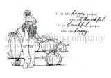 Red rubber stamp sheet with a girl in a knit beanie sitting on a crate among pumpkins, beside 'It is not happy people who are thankful. It is thankful people who are happy.'