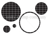 Stamp sheet showing five solid circles in graduated sizes, from a tiny quarter-inch dot to a three-inch round, rendered in fine crosshatch.
