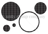 Stamp sheet showing five solid circles in graduated sizes, from a tiny quarter-inch dot to a three-inch round, rendered in fine crosshatch.