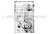 The Jolande's Ledger red rubber stamp shown uninked: a grungy ledger and script background panel by Angela Magnuson and Jolande van Oosterhout for Unity Stamp Co.