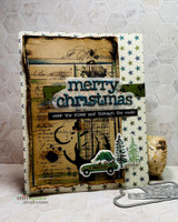 Vintage mixed-media card built on the Jolande's Ledger grunge background stamp, warm sepia tones with distress inking and layered die cuts.