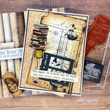 Vintage mixed-media card built on the Jolande's Ledger grunge background stamp, warm sepia tones with distress inking and layered die cuts.