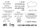 Red rubber stamp sheet of snarky cat themed sentiments with a thought bubble, including 'I LOVE DOING NOTHING WITH YOU.' and 'TO ONE OF THE FEW PEOPLE I CAN TOLERATE.'