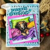 Bright card on teal snowflake paper with pink and green pillows around the dachshund, topped with a 'seasons greetings' die-cut.