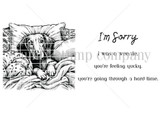 Black and white stamp sheet of a dachshund tucked into a pillow and blanket, with the sentiments 'I'm Sorry,' 'i was a weenie,' 'you're feeling yucky' and 'you're going through a hard time.'