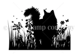 Solid black silhouette stamp of a fluffy long-haired cat with its tail raised, standing among tall grass, wildflower stems and small fluttering butterflies.