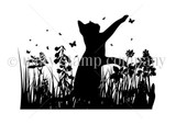 Line-art silhouette stamp of a cat stretching up among tall wildflowers and butterflies.
