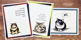 Trio of cards with grumpy cats and lines like 'i wish everything was as easy as getting fat' and 'WTF.'