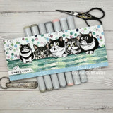 Slimline strip of five grumpy cats peeking over a fence and 'i can't even...'