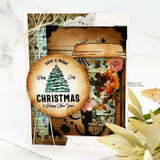 Nordic deer-pattern background on a warm vintage card with a 'Merry Christmas' medallion.