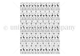 Red rubber stamp sheet of a dense fair isle knit pattern with reindeer, snowflakes and banded rows, built as a full background stamp.