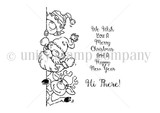 Black-and-white stamp set layout of the elf, Santa and reindeer with "We wish you a Merry Christmas and a Happy New Year" and "Hi There!"