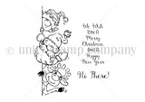 Red rubber stamp sheet with a tall column of little elf and gnome characters climbing over one another, beside 'We Wish You A Merry Christmas And A Happy New Year' and 'Hi There!'