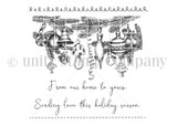 Classic Canopy red rubber stamp set: vintage ornaments dangling from a pine garland, dashed and loop borders, and sentiments 'From our home to yours' and 'Sending love this holiday season'.