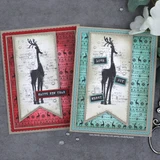 Red and teal banner cards of the script deer with Happy New Year, Love, Joy and Merry labels.