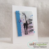 Minimal white card with the script deer on a blue glitter strip with Love, Joy, Merry and Peace labels.
