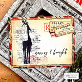 Postage-style Christmas collage of the deer with sleigh and reindeer tickets stamped merry & bright.