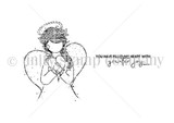 Black-and-white red rubber stamp set: a sweet angel girl with a flower crown and feathered wings hugging a heart, beside the sentiment 'You have filled my heart with greater joy.'