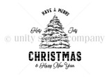 Red rubber stamp art of a snow-laden spruce ringed by 'Have a merry holly jolly Christmas & happy new year'