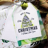 Alcohol-ink tag of the snowy spruce, 'Have a merry holly jolly Christmas & happy new year'