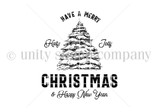 Red rubber stamp sheet with a tall decorated Christmas tree tag design, lettered 'HAVE A MERRY CHRISTMAS & Happy New Year' with 'Holly' and 'Jolly' at the sides.