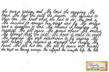 SheScript red rubber stamp: lines of flowing handwritten cursive telling a woman's story, beginning 'she was a vintage soul. She loved the everyday.'