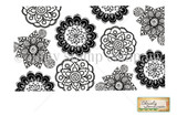 Background stamp: hand-drawn doily flowers and mandala medallions, alternating solid black and open outlines, with pointed petal blooms and paisley curls filling a 3x5 rectangle.