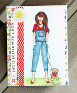 The girl colored in a red tee, blue overalls and red flats walking her puppy on a floral-bordered card, reading 'Life is better with a dog.'
