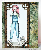The girl with pink hair colored on a rustic wood-and-green framed card with ornate corner flourishes.