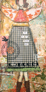 Mixed media canvas with the winged girl coloured in coral and houndstooth over collaged book pages and painted florals.