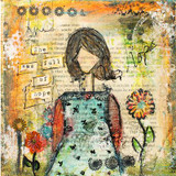 Mixed media page with the girl from behind in a patterned dress over collaged book text and painted flowers, with cut word strips reading "She was full of hope."